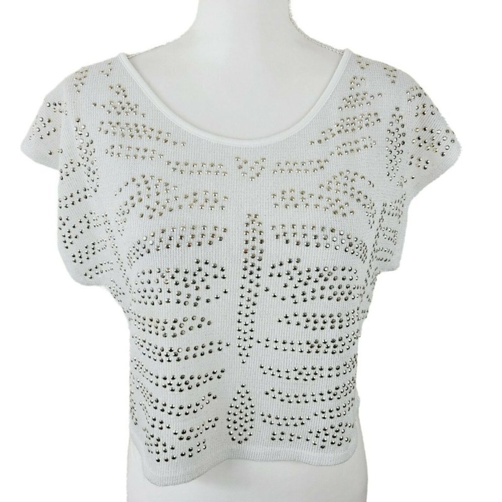Almost Famous Cropped Sleeveless Sweater Knit Gold Rhinestone Studded Sz Med